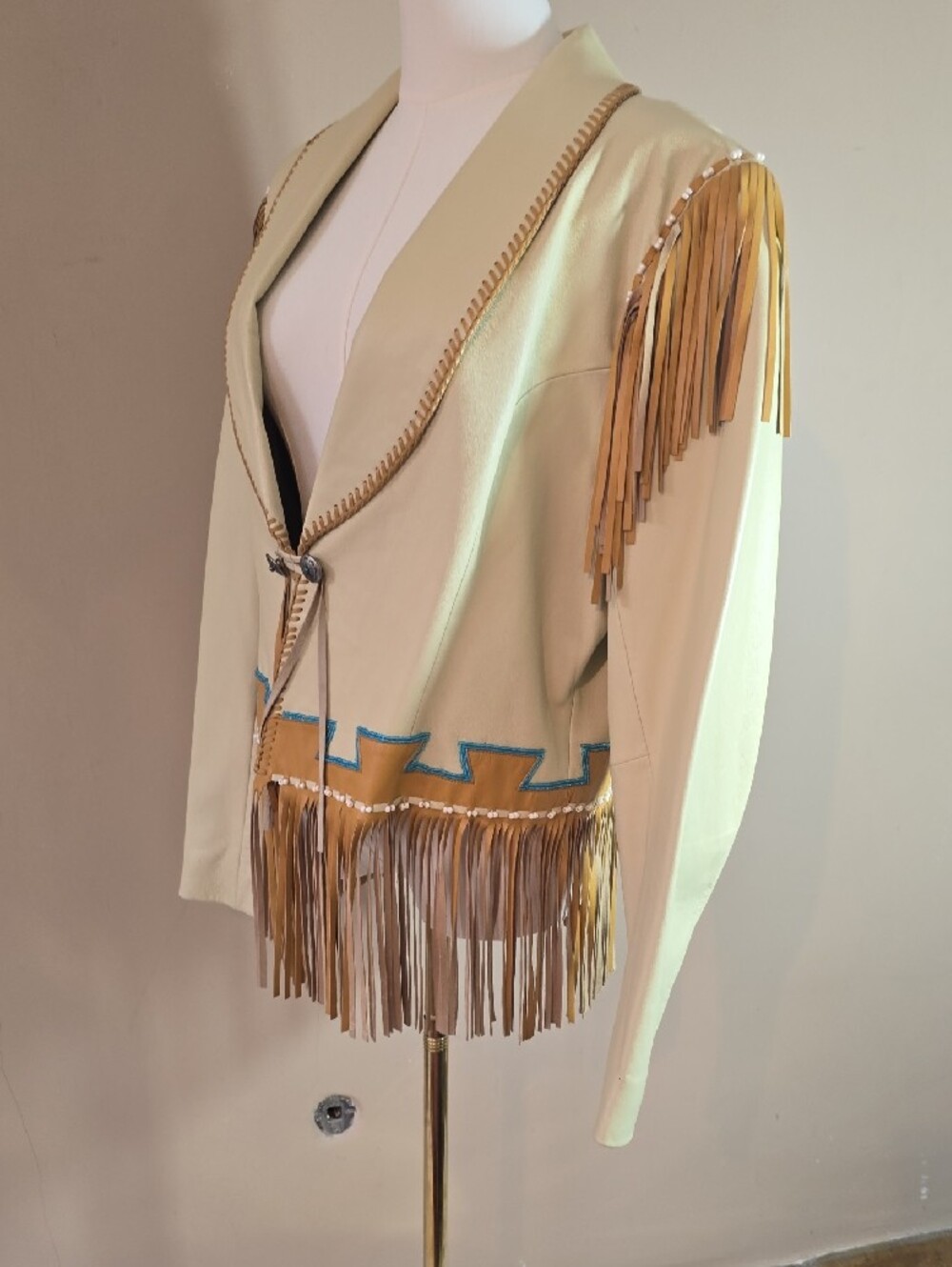 Fringed Pale Yellow Faux Leather Jacket with Turquoise Trim - Picture 7 of 15